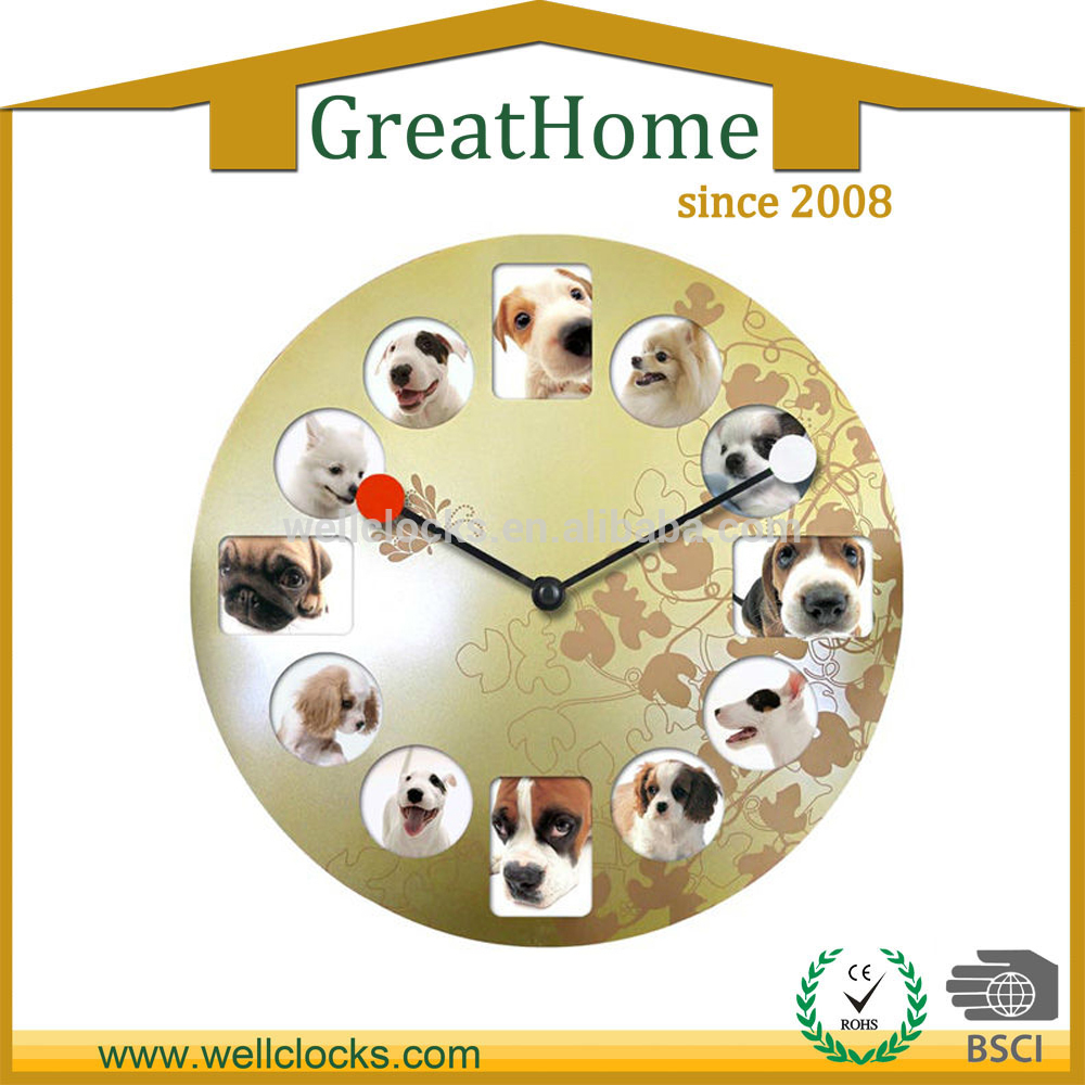 16＂ Photo Frame Lagre Metal Wall Clock With Cute Dogs Photo