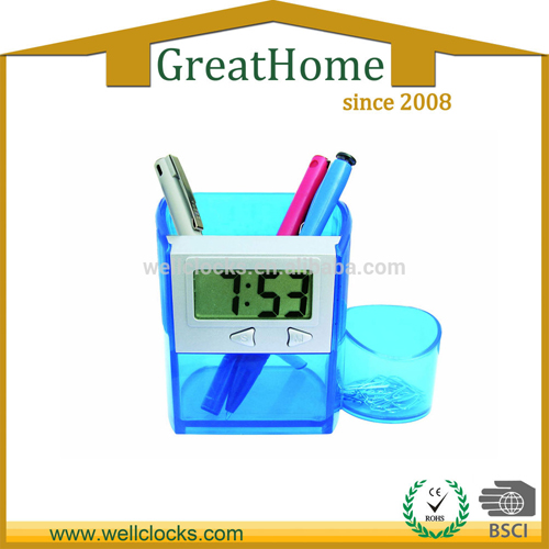transparent plastic pen holder clock Time and date display