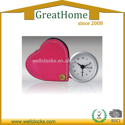 Promotion mini pocket travel alarm clock heart shape leather