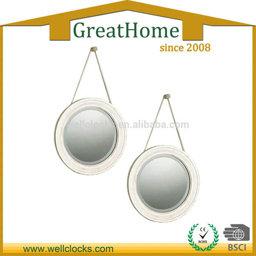 Wood Round Shaped Wall Mirror Pair Hanging With the Rope