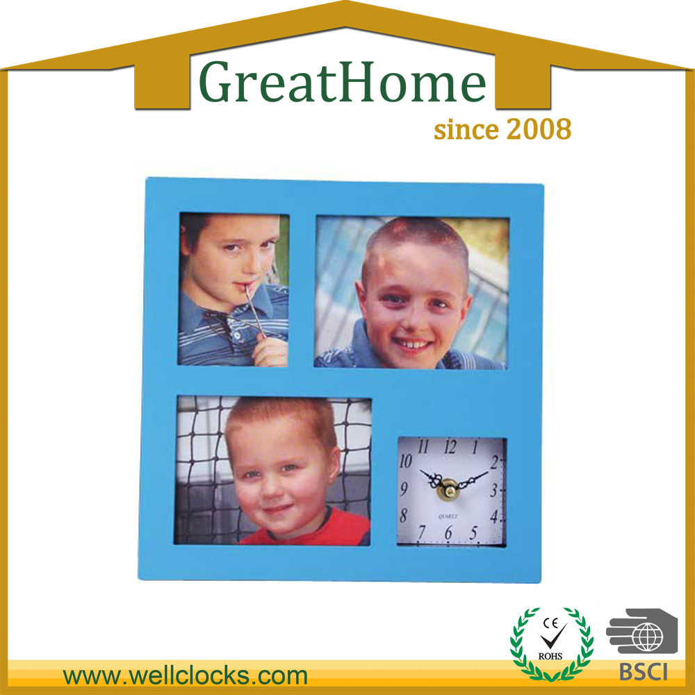 Plastic square photo frame wall clock with 3photos
