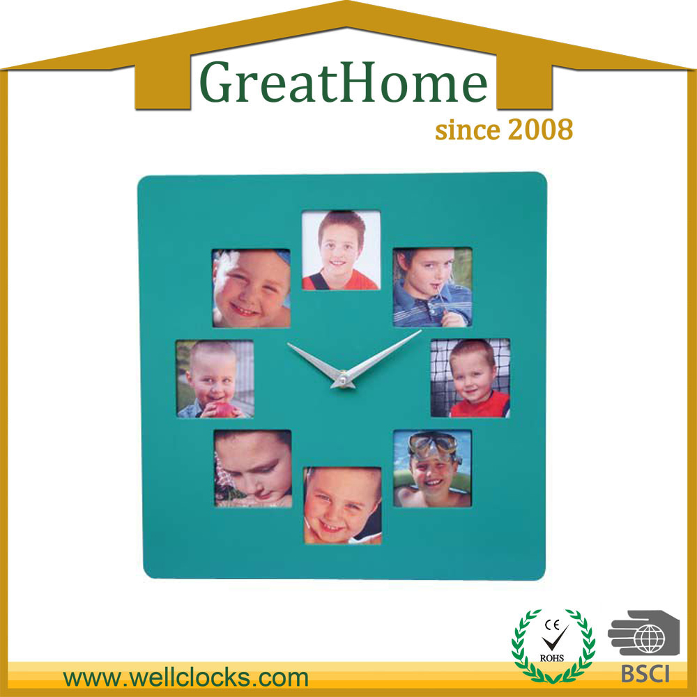 Plastic square photo frame wall clocks 8 photos