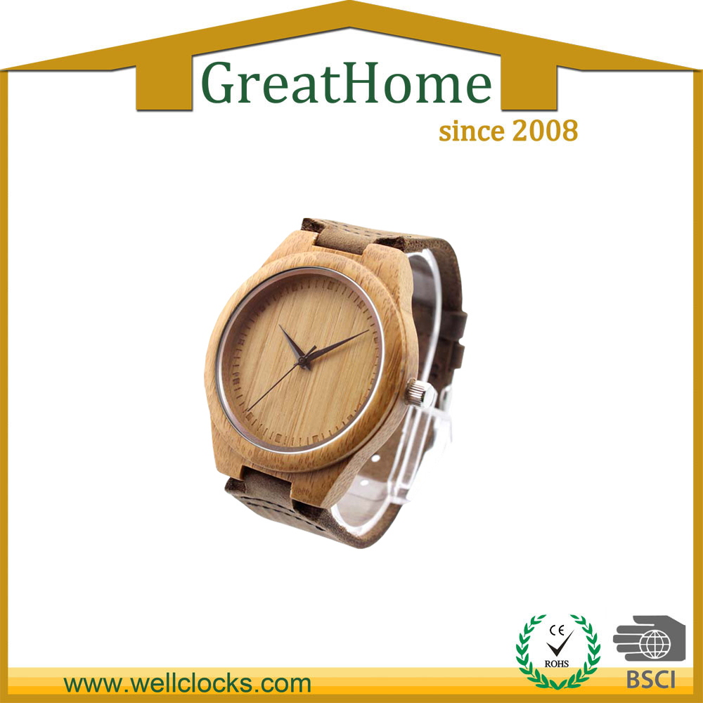 Fashion design genuine leather band bamboo wood case watch