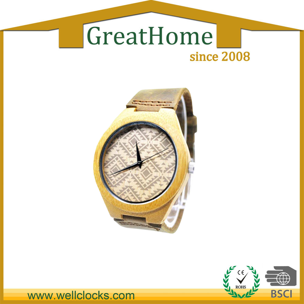 Brand Genuine Leather Band Round Bamboo Watches Wooden Wrist